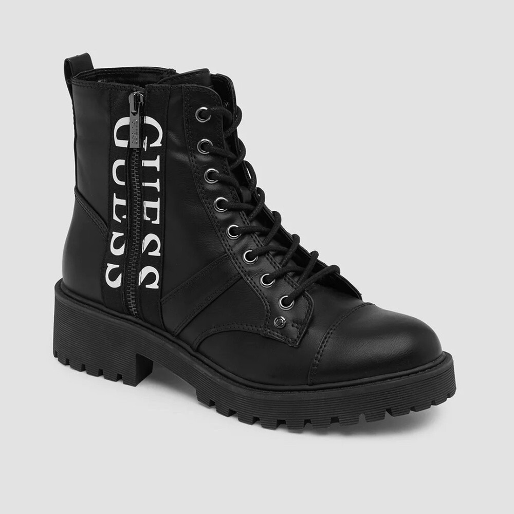 Guess WGTHOSE-SS Womens Black Combat Boots Logo Side Zip Lug Sole Ankle Boots 6M